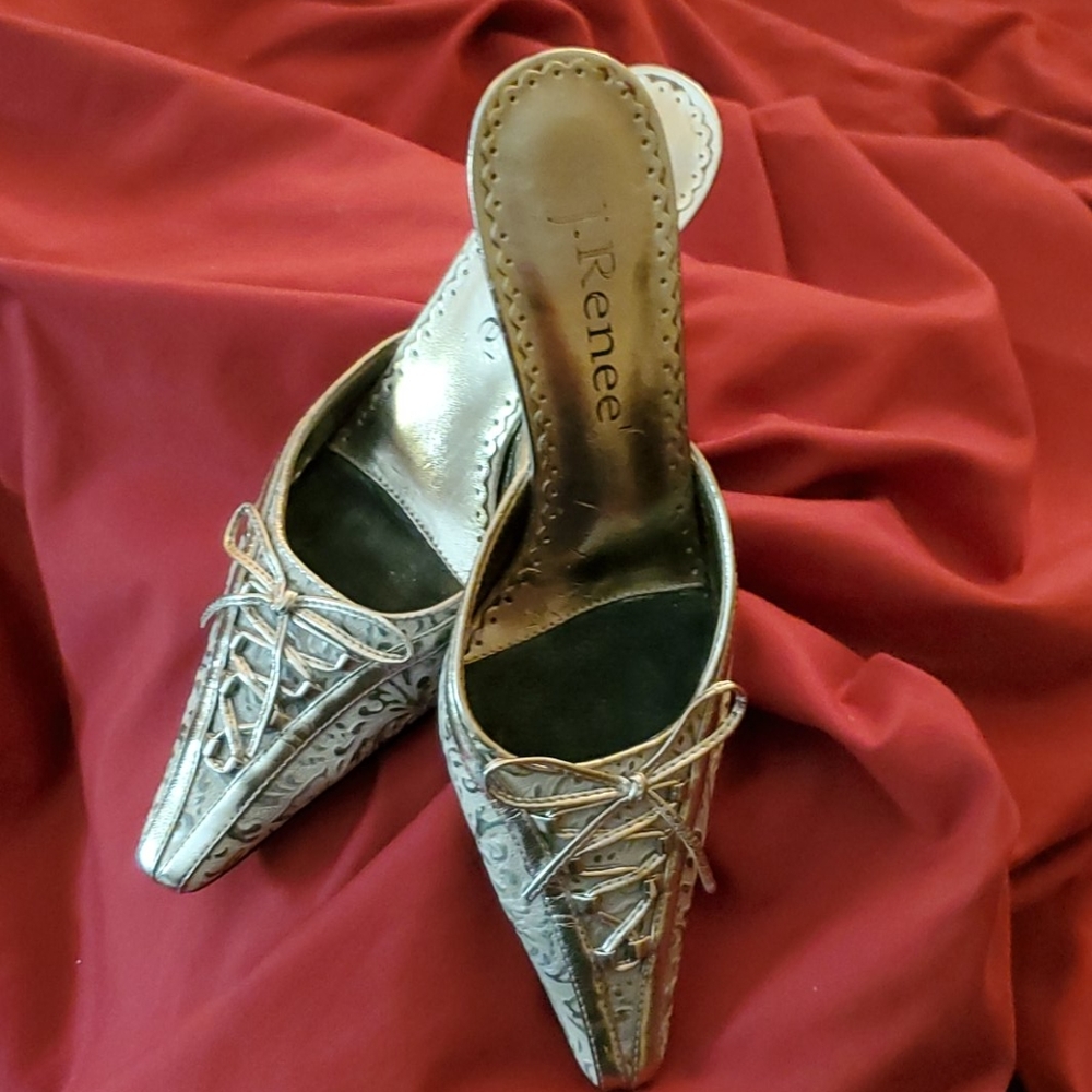 J. Rene Pewter & Silver Scroll Print Mule - image 2